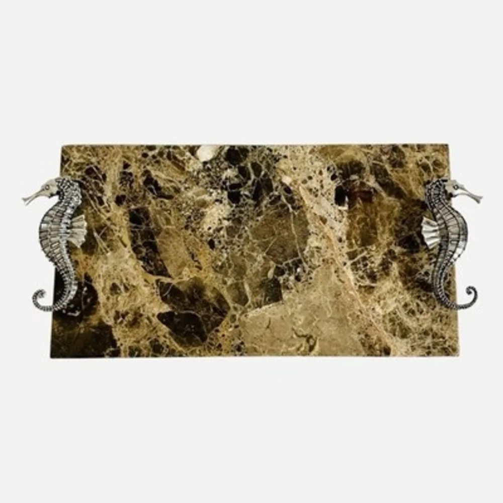 Marble Tray Silver Tone Seahorse Handles Serving Decorative Coastal Decor 14x7